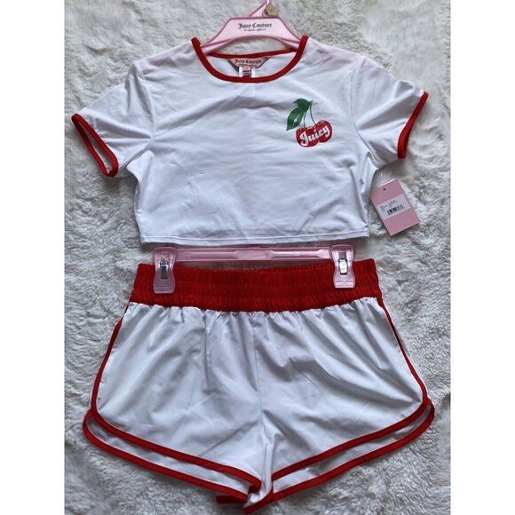 Juicy Couture Logo Tee Short Set Cherries Cherry Crop Top Swim Women’s Sz S NEW - Picture 1 of 13